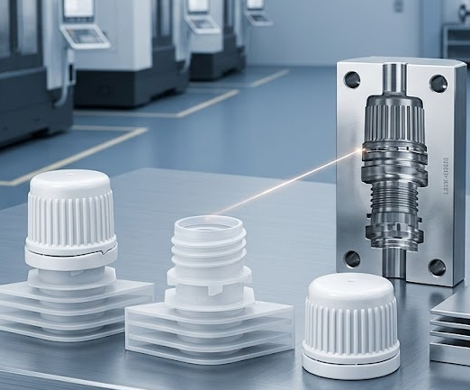 Cas d'application : capuchon de bec de pochette de recharge cosmétique et moule de montage